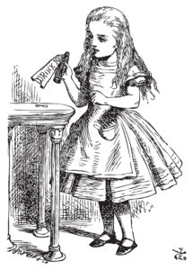 Alice holding bottle labeled "Drink me" from Alice in Wonderland