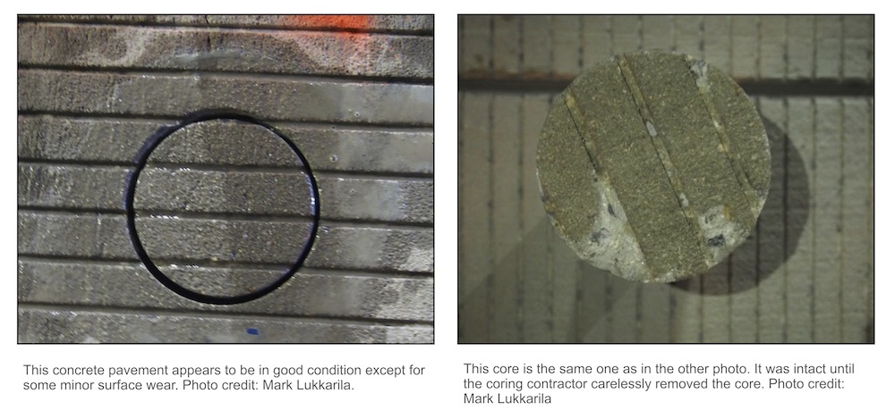 cored concrete pavement with sample still in situ (left) and (right) the same core removed (and damaged in the process)