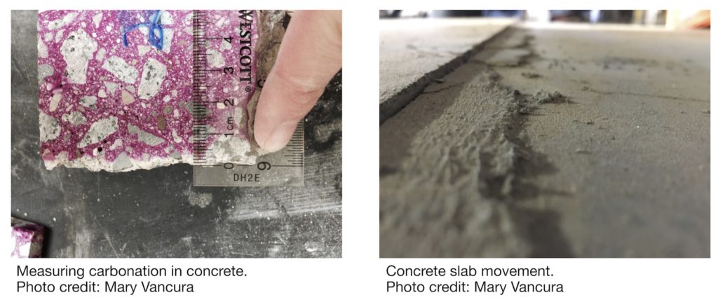 Left - Image showing a ruler measuring the carbonation in a small piece of concrete and Right - image showing a close-up of an uneven section of concrete up against the edge of a slab.