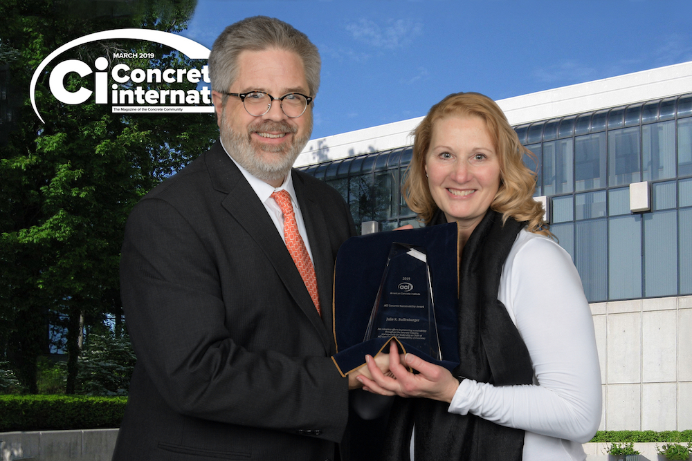 ACI president and Julie pose with the award | Beton Consulting Engineers David Lange presents award to Julie Buffenbarger.