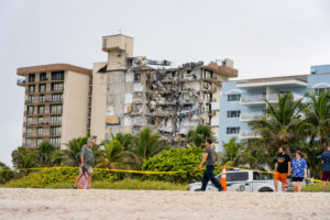Photo of the damaged side of the Champlain Towers condominiums, Surfside, FL