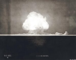 Atomic bomb explosion 9 seconds after detonation, Alamogordo, NM, 16 July 1945