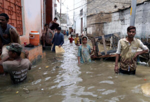 Flooded residential neighborhood in Karachi, Pakistan, 2022