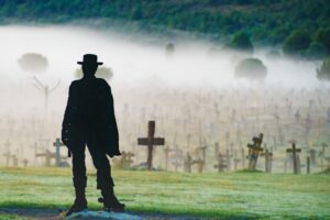 Cowboy silhouette at Sad Hill Cemetery, the location where the final scene of "The Good, the Bad, and the Ugly" was filmed.