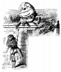 John Tenniel illustration of Humpty Dumpty with Alice, from Through the Looking Glass